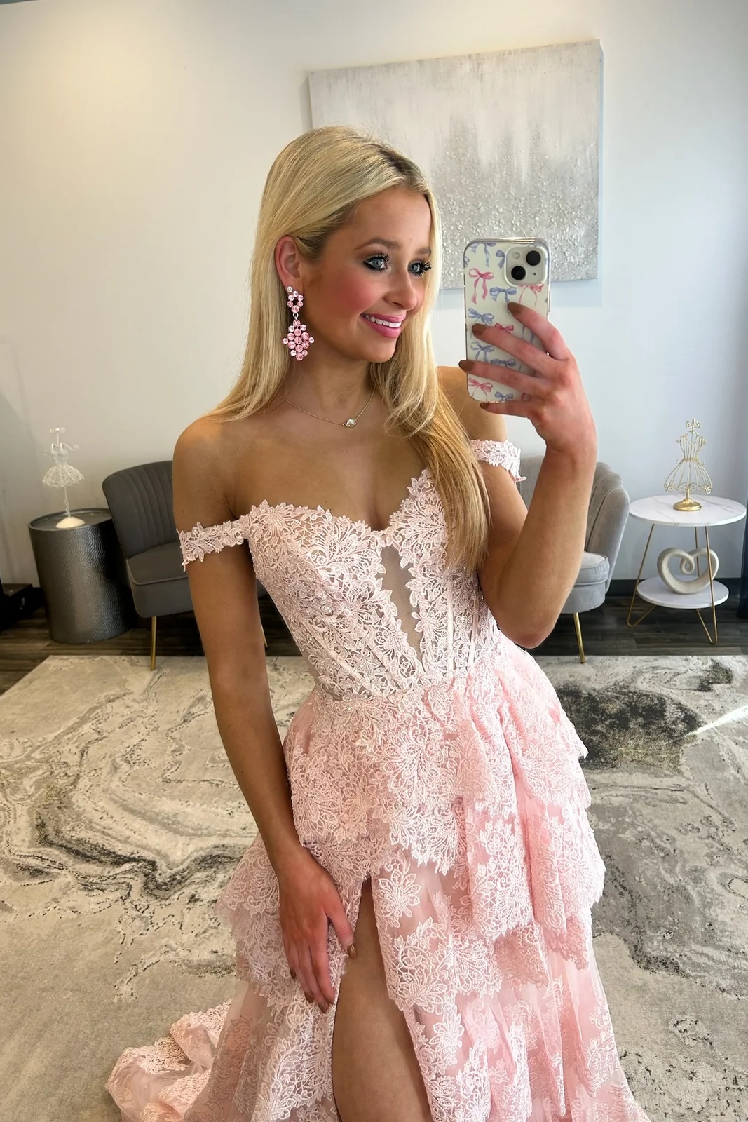 Off-the-Shoulder Lace Corset Ruffles Floor-Length High Split A-Line Prom Dress