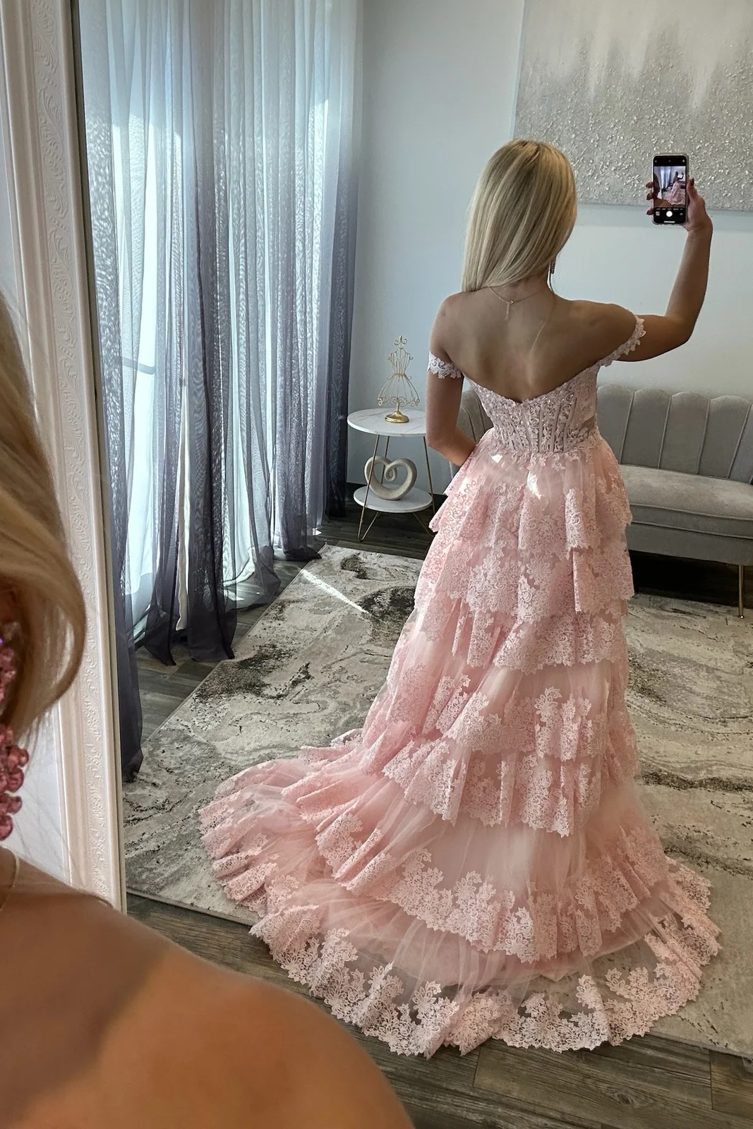 Off-the-Shoulder Lace Corset Ruffles Floor-Length High Split A-Line Prom Dress