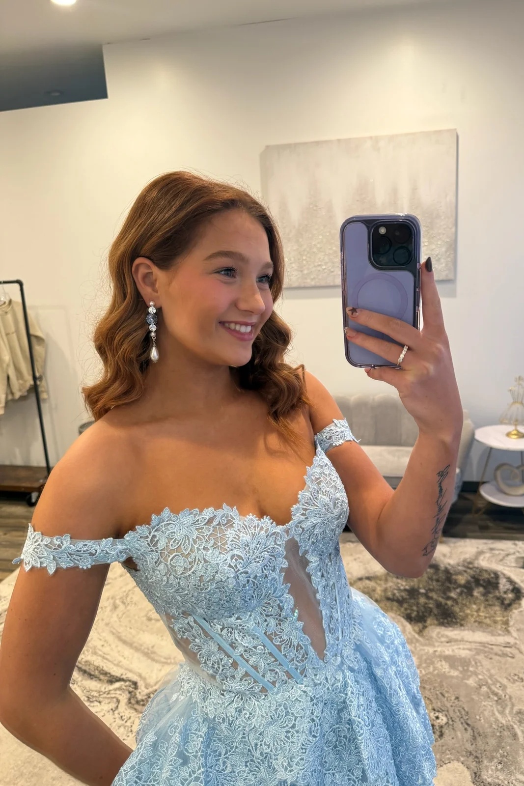 Off-the-Shoulder Lace Corset Ruffles Floor-Length High Split A-Line Prom Dress