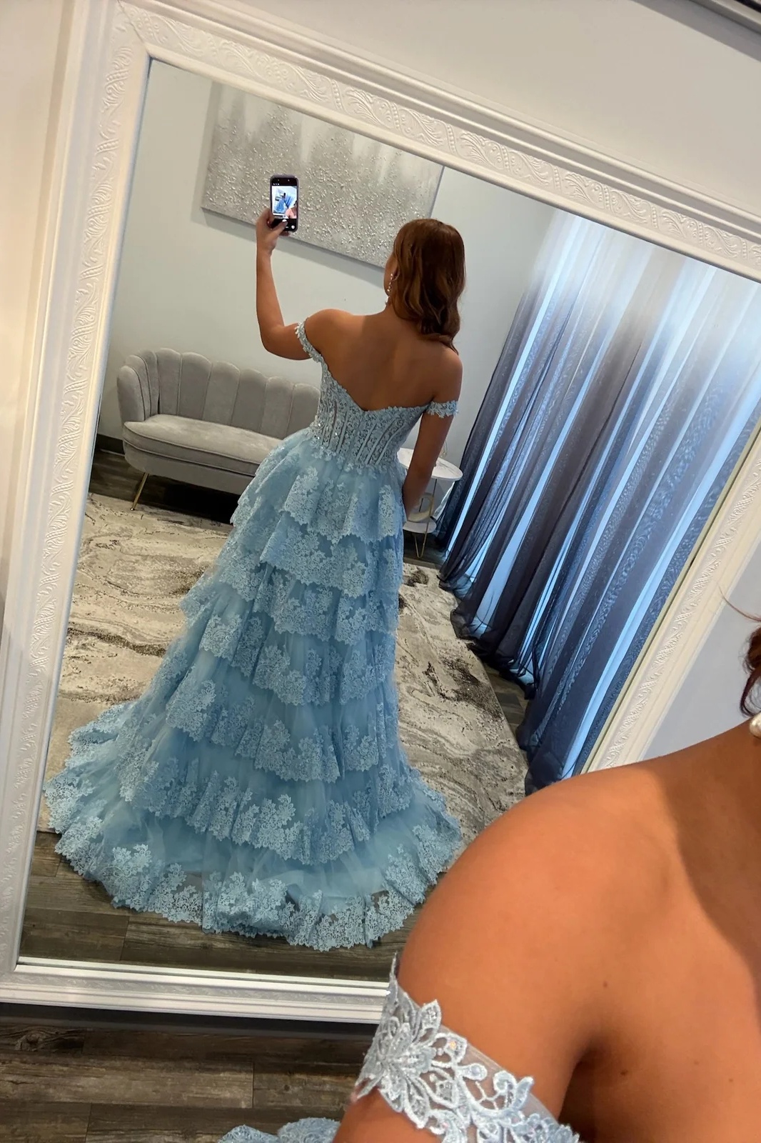 Off-the-Shoulder Lace Corset Ruffles Floor-Length High Split A-Line Prom Dress