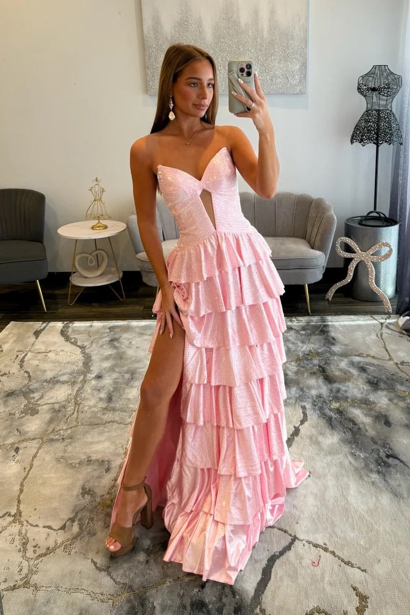 Sweetheart Beading Satin Ruffles Floor-Length High Split A-Line Prom Dress