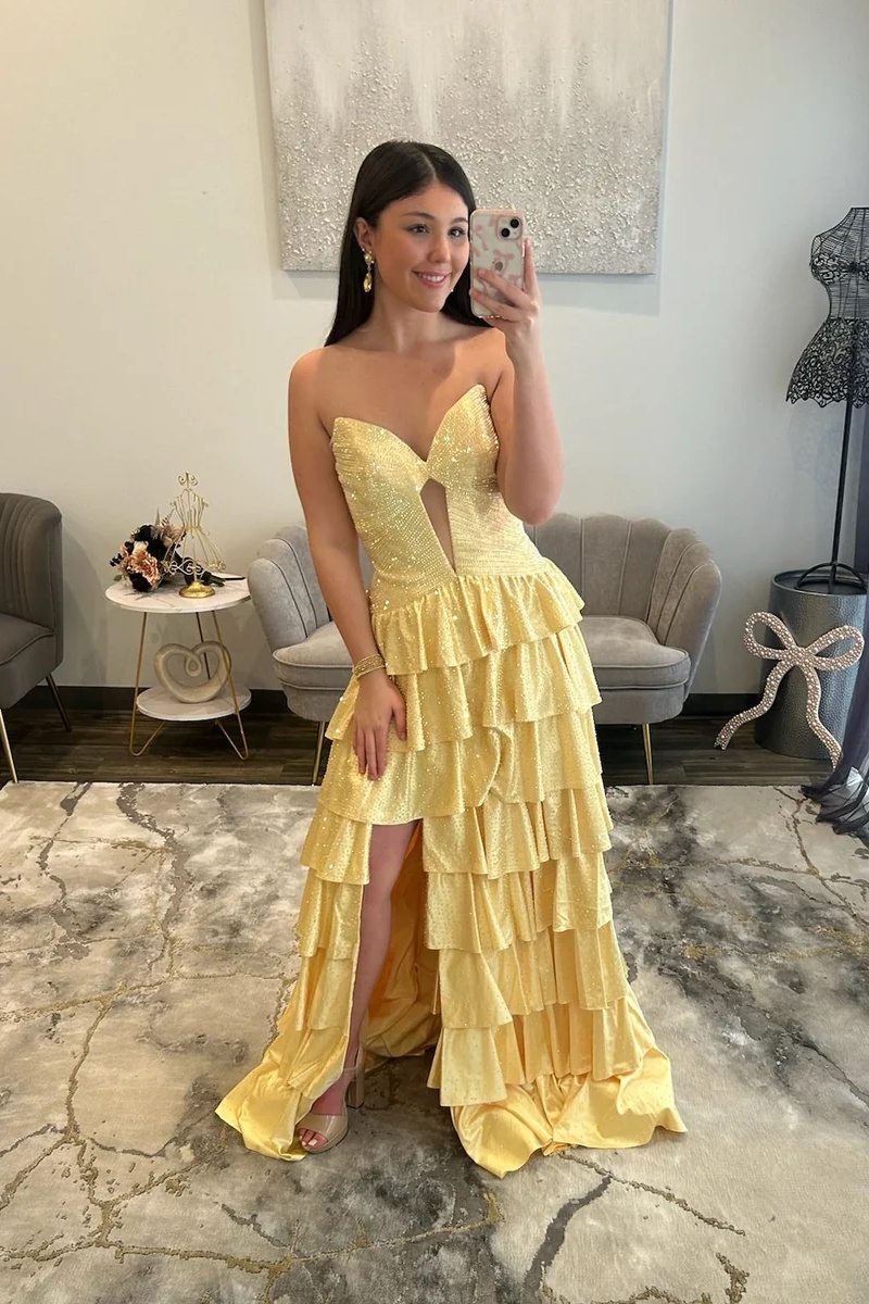 Sweetheart Beading Satin Ruffles Floor-Length High Split A-Line Prom Dress