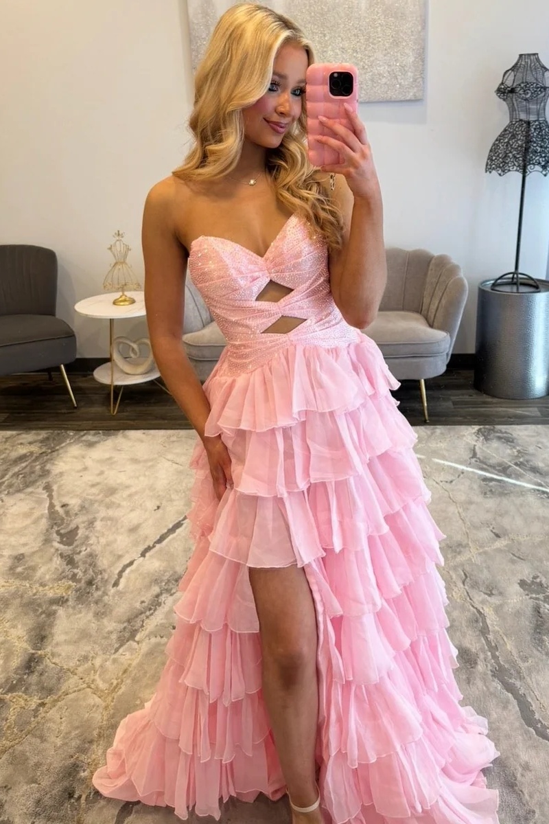 Sweetheart Beading Satin Cutout Ruffles High Split Long A-Line Prom Dress