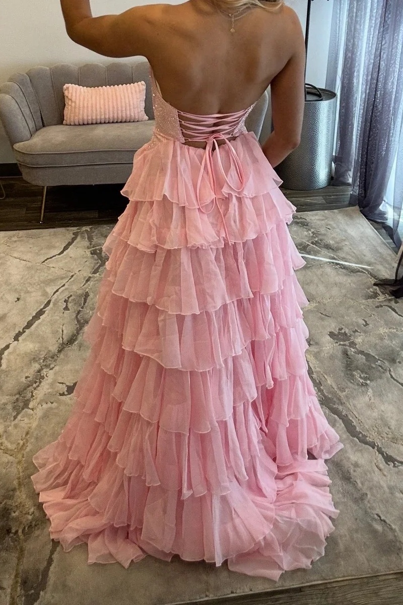 Sweetheart Beading Satin Cutout Ruffles High Split Long A-Line Prom Dress