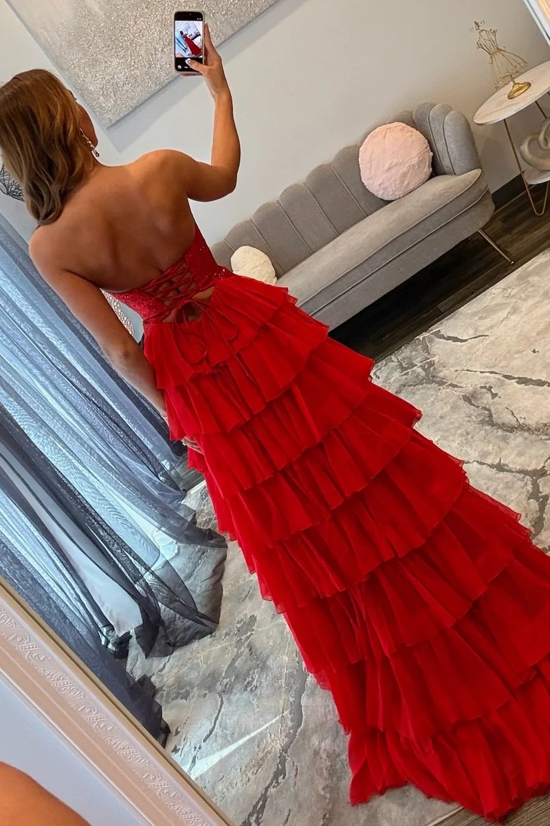 Sweetheart Beading Satin Cutout Ruffles High Split Long A-Line Prom Dress