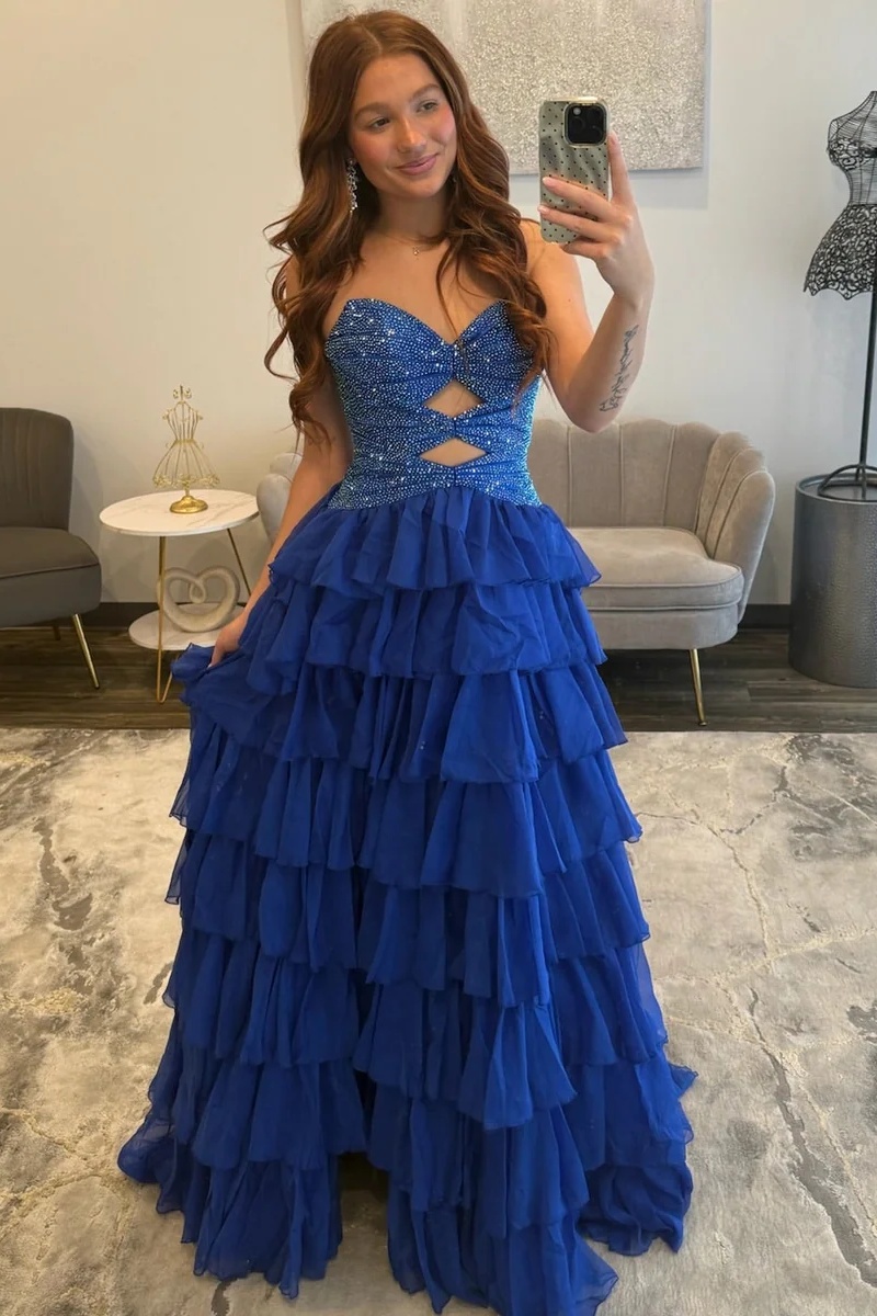 Sweetheart Beading Satin Cutout Ruffles High Split Long A-Line Prom Dress