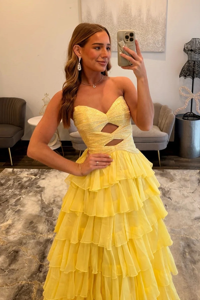 Sweetheart Beading Satin Cutout Ruffles High Split Long A-Line Prom Dress