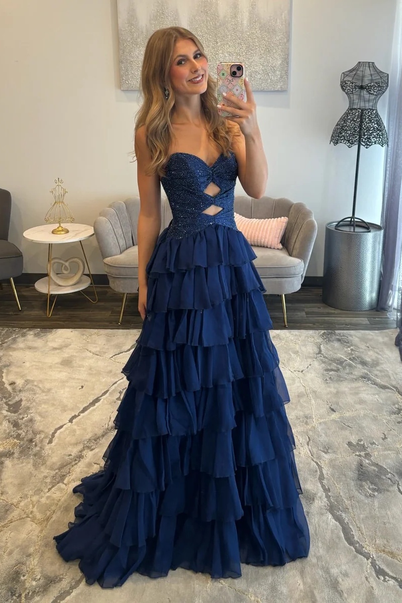 Sweetheart Beading Satin Cutout Ruffles High Split Long A-Line Prom Dress