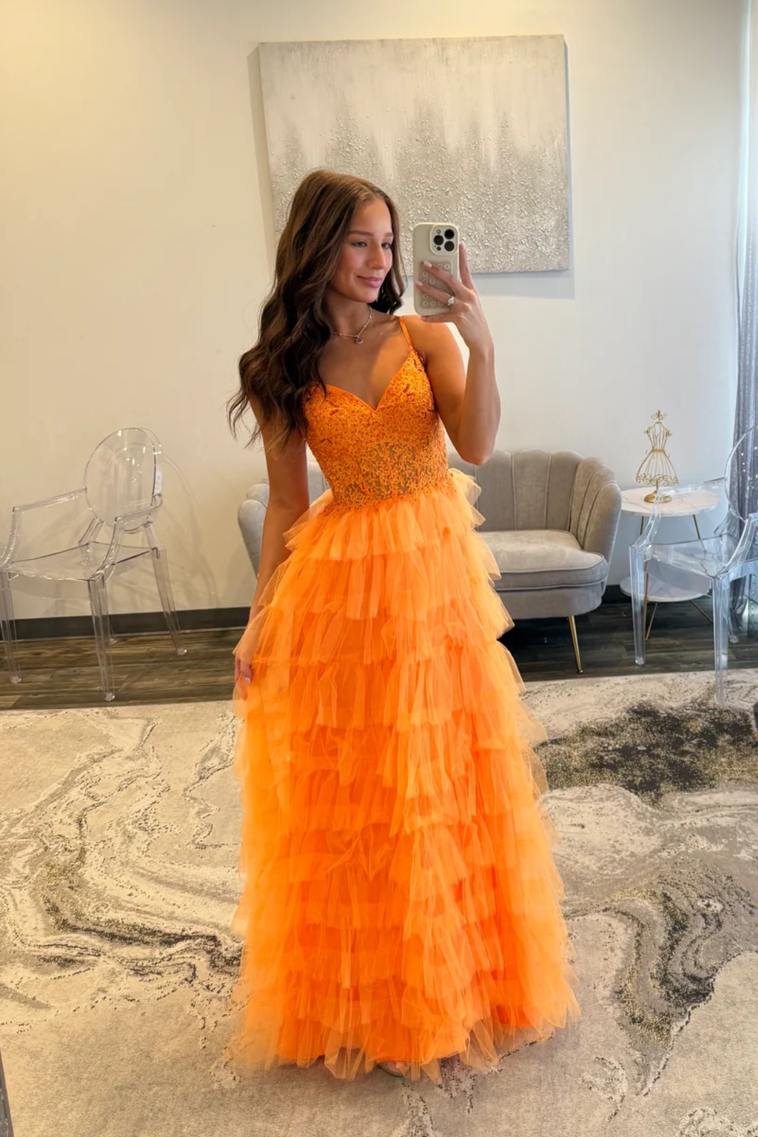 Orange Spaghetti Straps Lace Appliques Tulle Ruffles Long A-Line Prom Dress