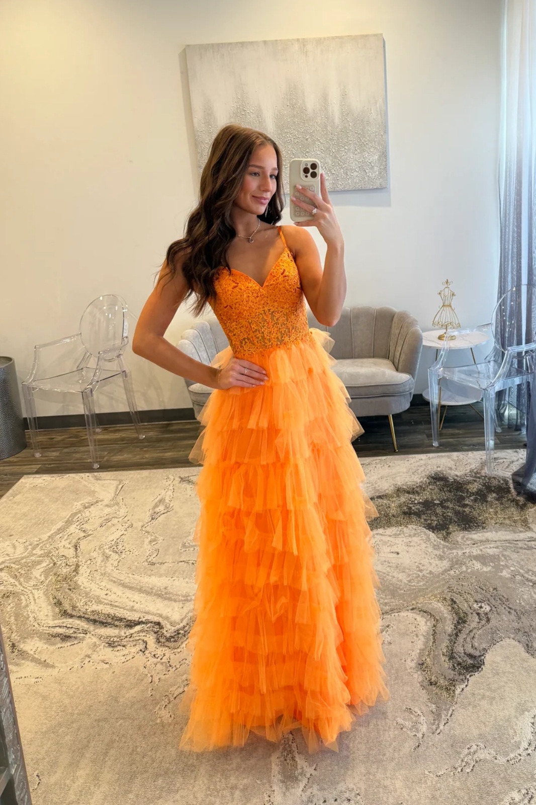 Orange Spaghetti Straps Lace Appliques Tulle Ruffles Long A-Line Prom Dress