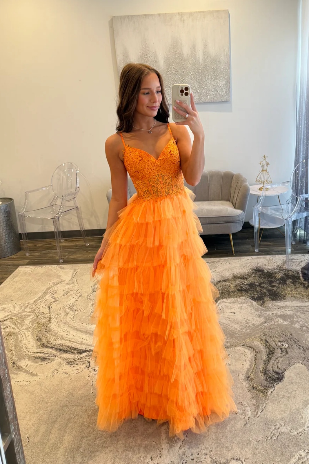 Orange Spaghetti Straps Lace Appliques Tulle Ruffles Long A-Line Prom Dress