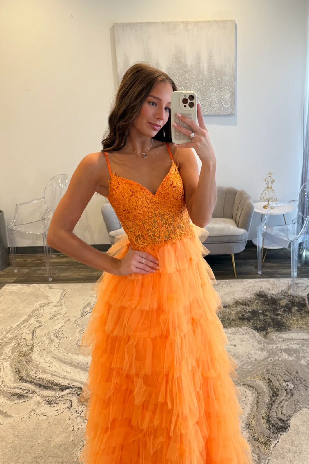 Orange Spaghetti Straps Lace Appliques Tulle Ruffles Long A-Line Prom Dress