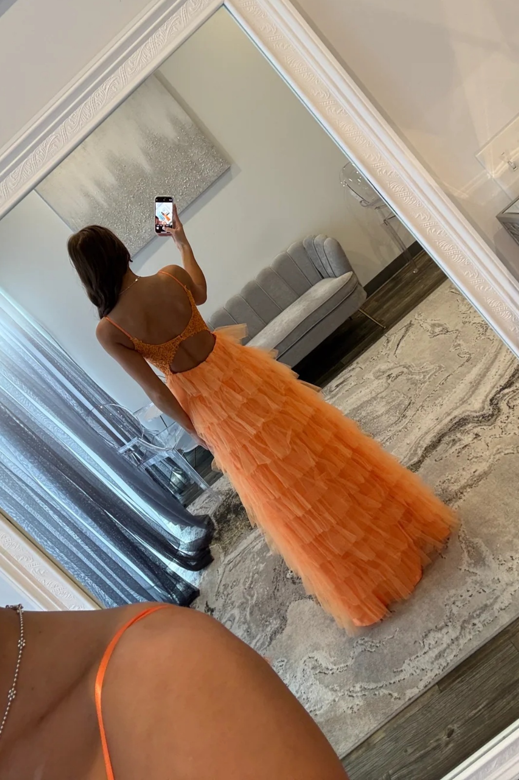 Orange Spaghetti Straps Lace Appliques Tulle Ruffles Long A-Line Prom Dress