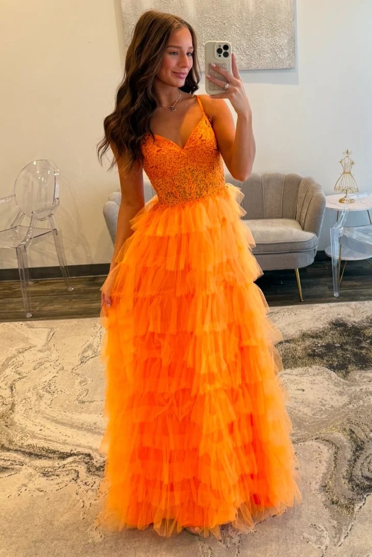 Orange Spaghetti Straps Lace Appliques Tulle Ruffles Long A-Line Prom Dress