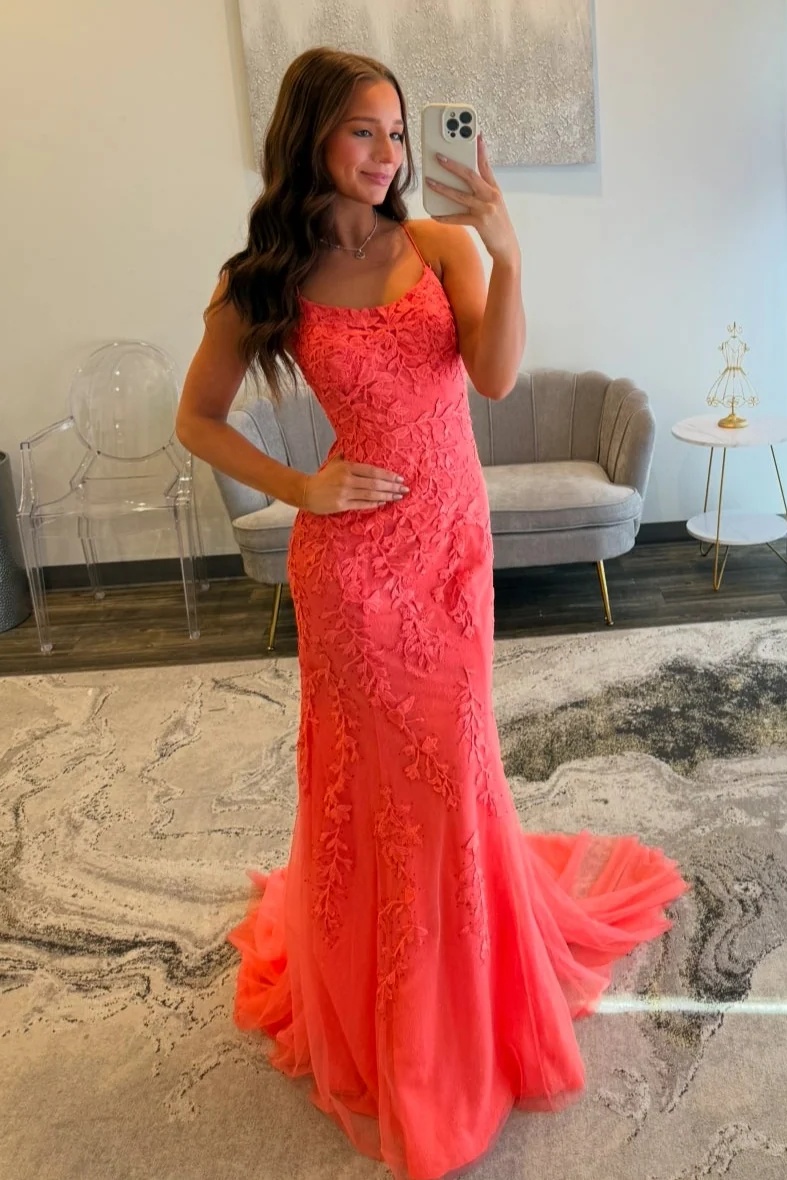 Watermelon Spaghetti Straps Lace Appliques Long Mermaid Prom Dress