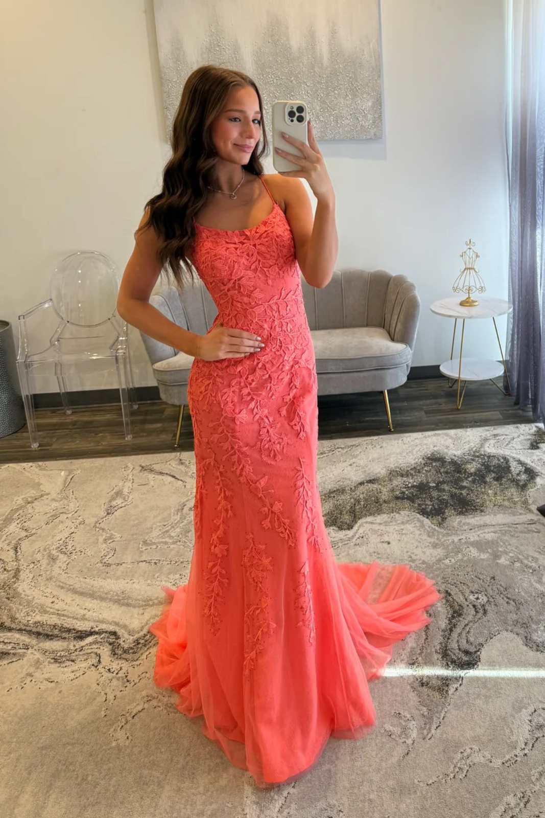 Watermelon Spaghetti Straps Lace Appliques Long Mermaid Prom Dress