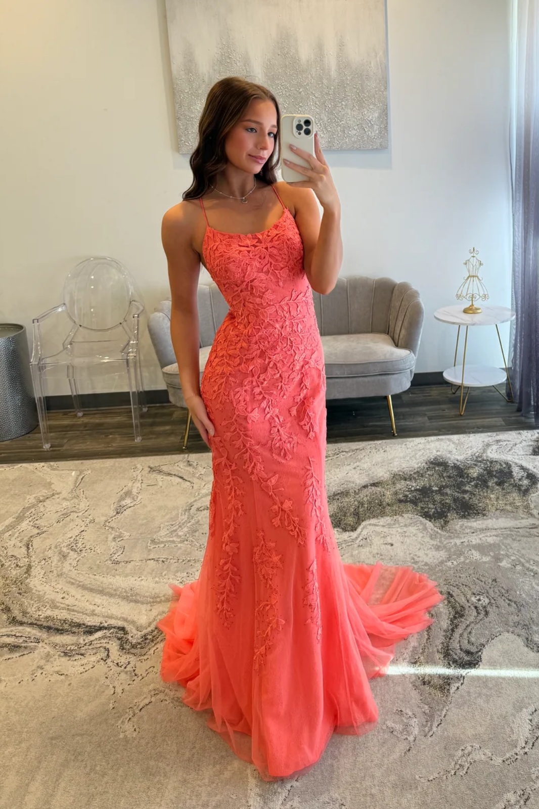 Watermelon Spaghetti Straps Lace Appliques Long Mermaid Prom Dress