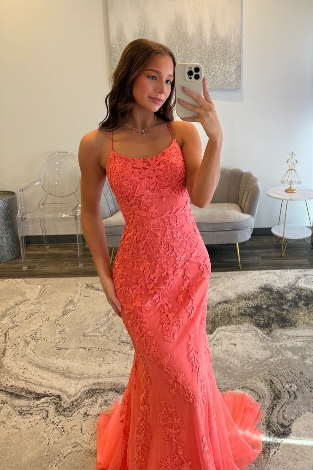 Watermelon Spaghetti Straps Lace Appliques Long Mermaid Prom Dress