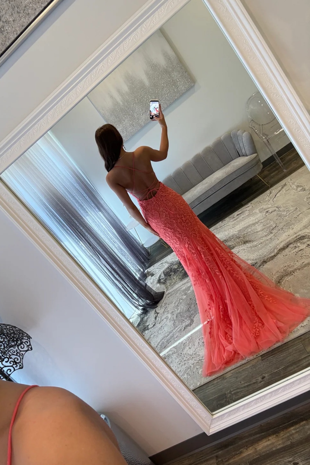 Watermelon Spaghetti Straps Lace Appliques Long Mermaid Prom Dress