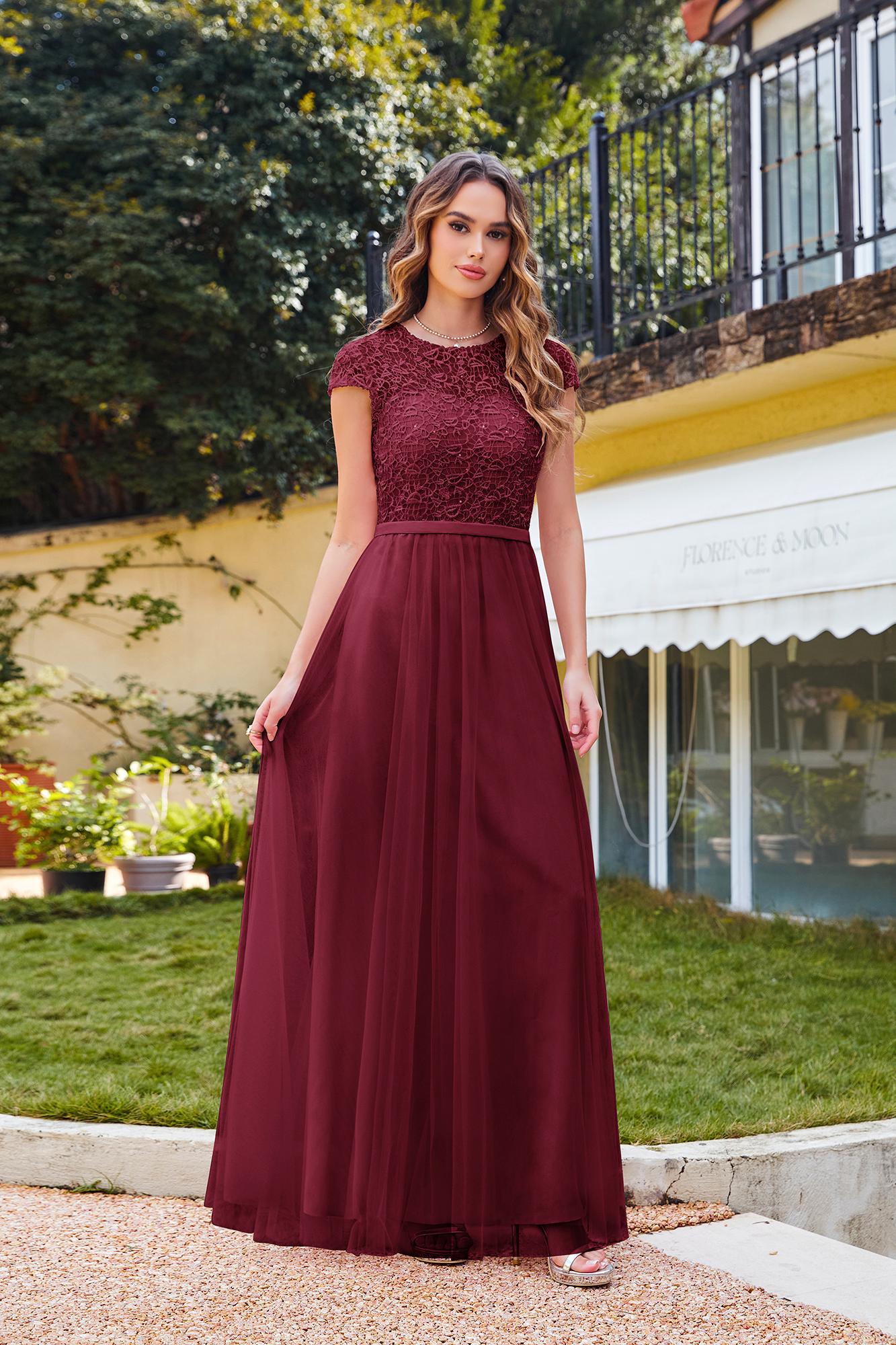 Chic Cap Sleeves Illusion Lace Aline Bridesmaid Dress Floor Length Chiffon Evening Dress-newarrivaldress