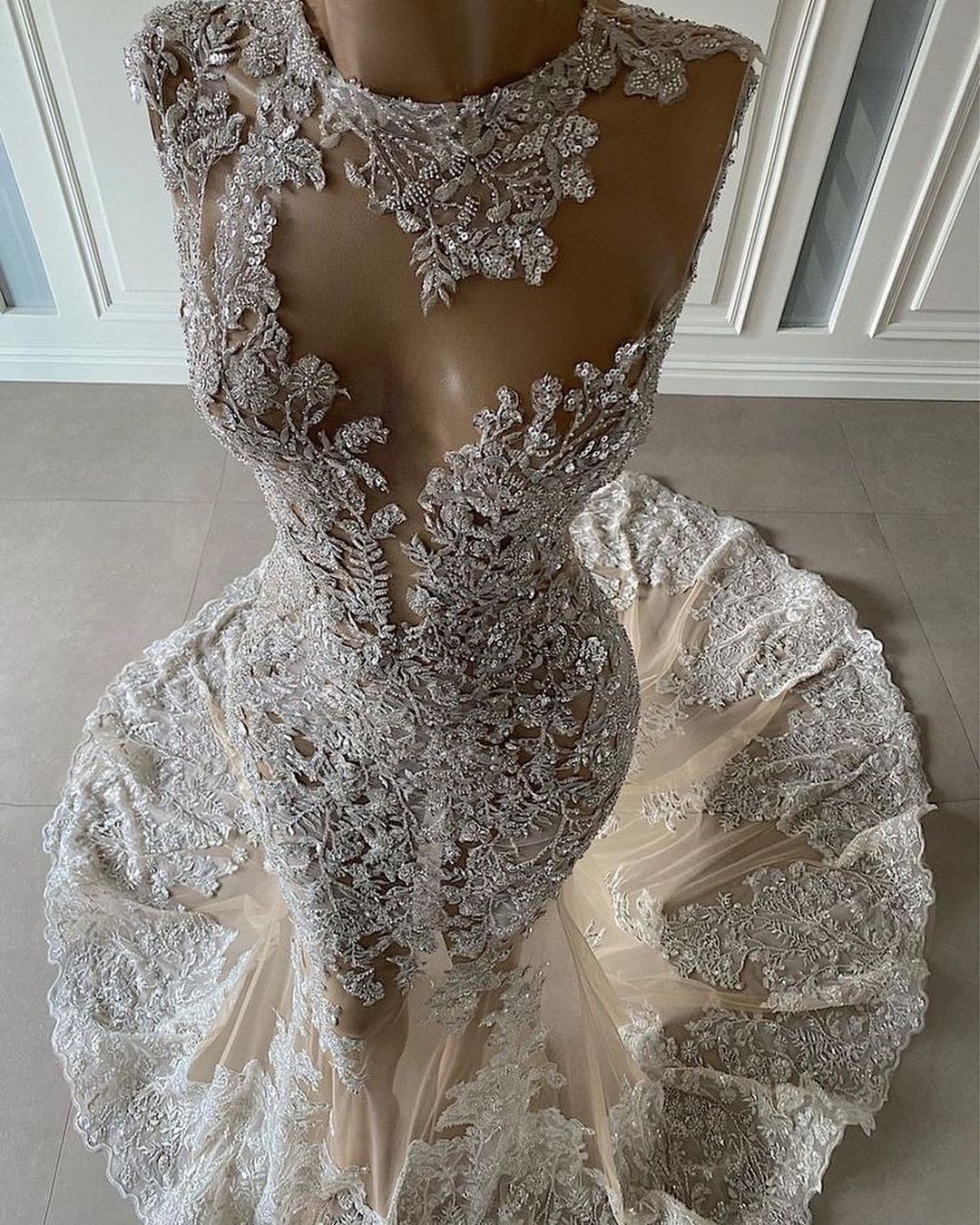 Gorgeous 3D Floral Crystals Mermaid Prom Dress with Lace Appliques-newarrivaldress