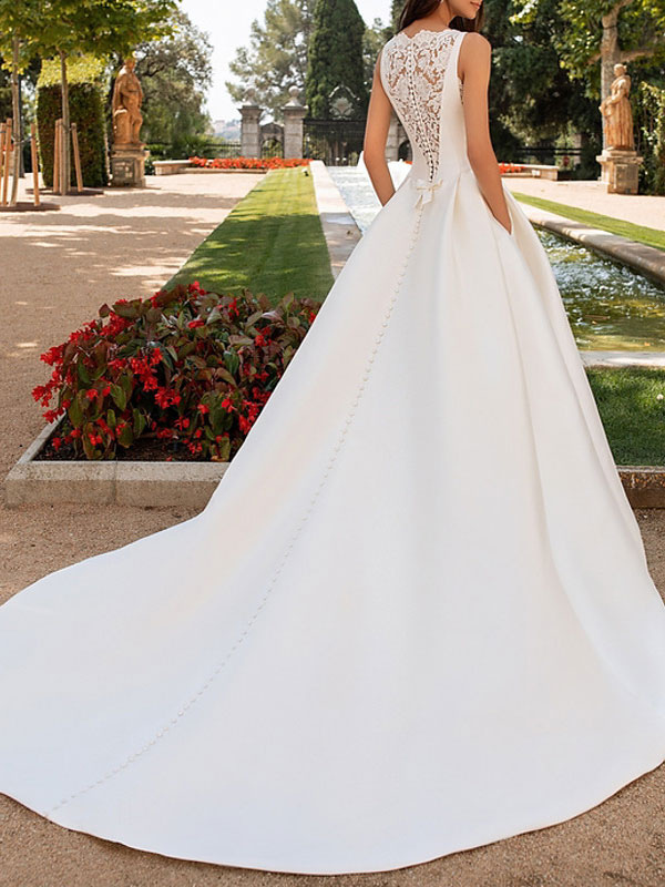 Ivory Wedding Dresses A Line With Chapel Train Sleeveless Lace High Collar Bridal Gowns-newarrivaldress