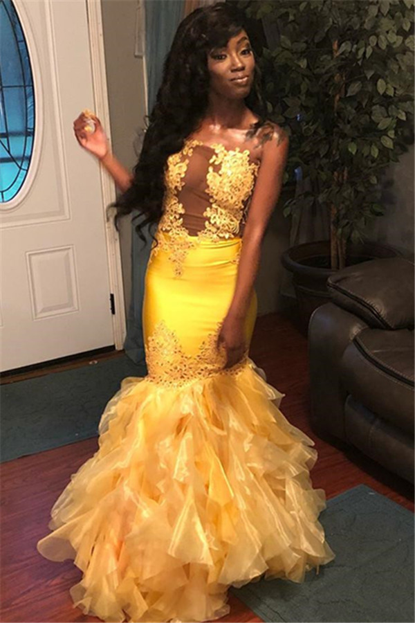 Chic Sleeveless Strapless Lace Appliques Tulle Sexy Mermaid Floor-Length Prom Dresses-newarrivaldress