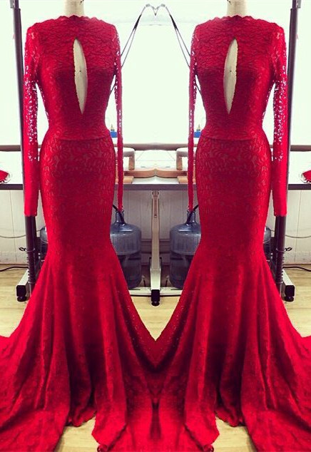 Modern Red Lace Keyhole Long Sleeve Mermaid Prom Dresses-newarrivaldress