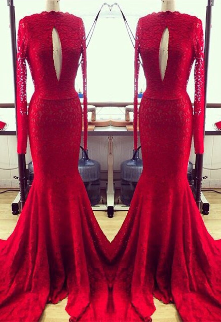 Modern Red Lace Keyhole Long Sleeve Mermaid Prom Dresses-newarrivaldress