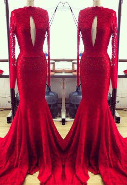Modern Red Lace Keyhole Long Sleeve Mermaid Prom Dresses-newarrivaldress