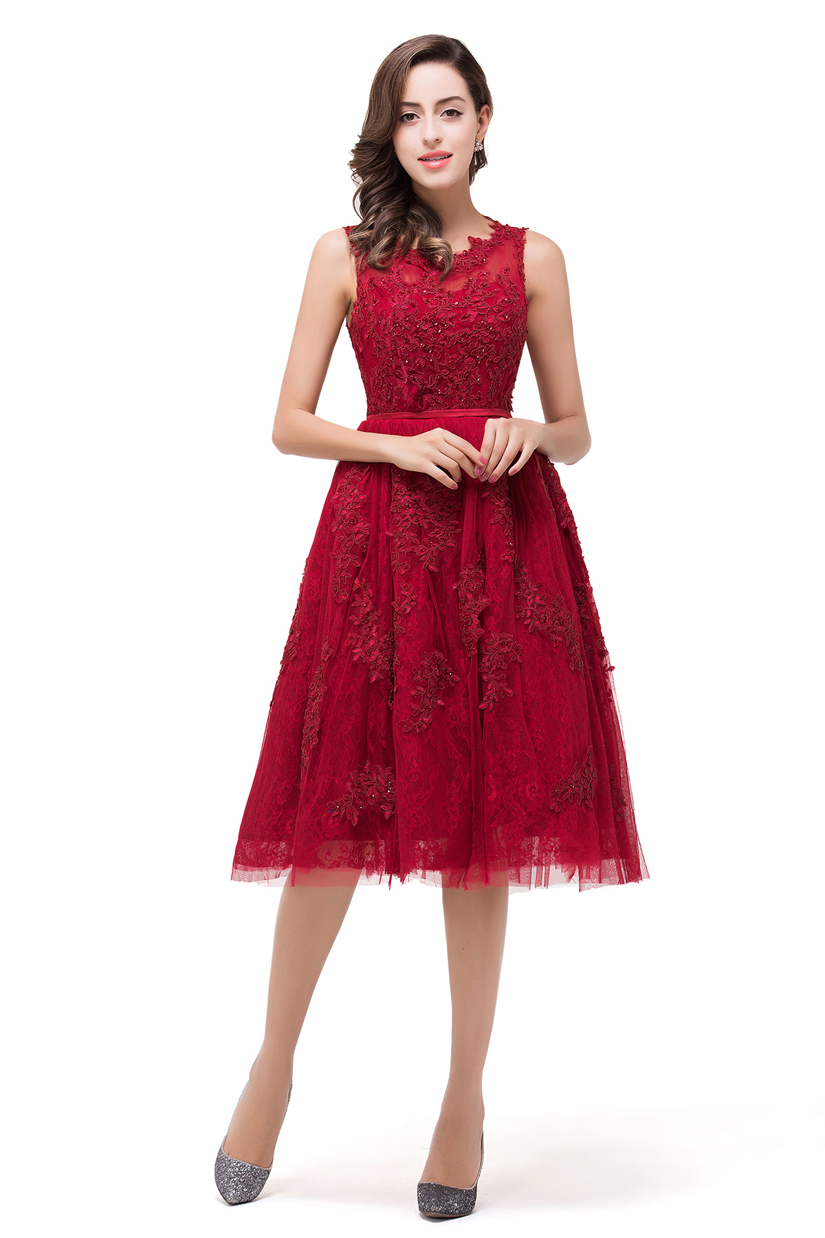 DANA | A-Line Knee-Length Red Lace Tull Prom Dresses with sequins-newarrivaldress