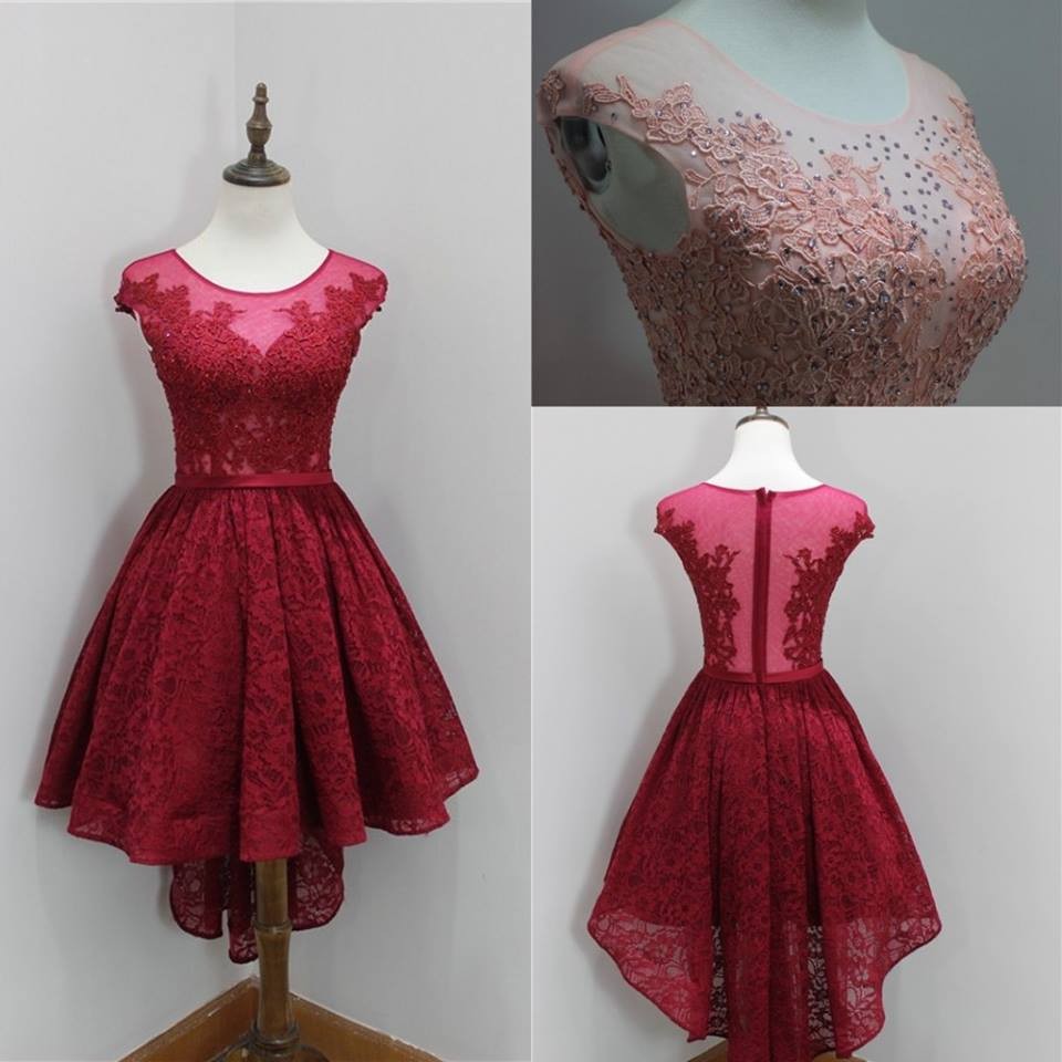 Modest Red Lace Appliques Hi-Lo Cap Sleeve Sexy Short Homecoming Dresses-newarrivaldress
