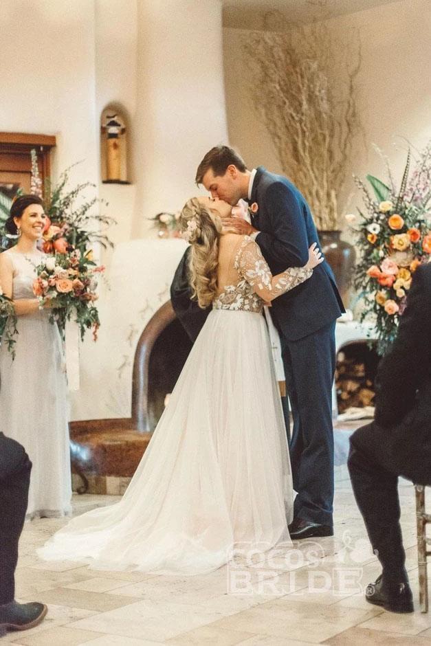 Charming Beading Long Sleeves Unique Tulle Wedding Dress-newarrivaldress