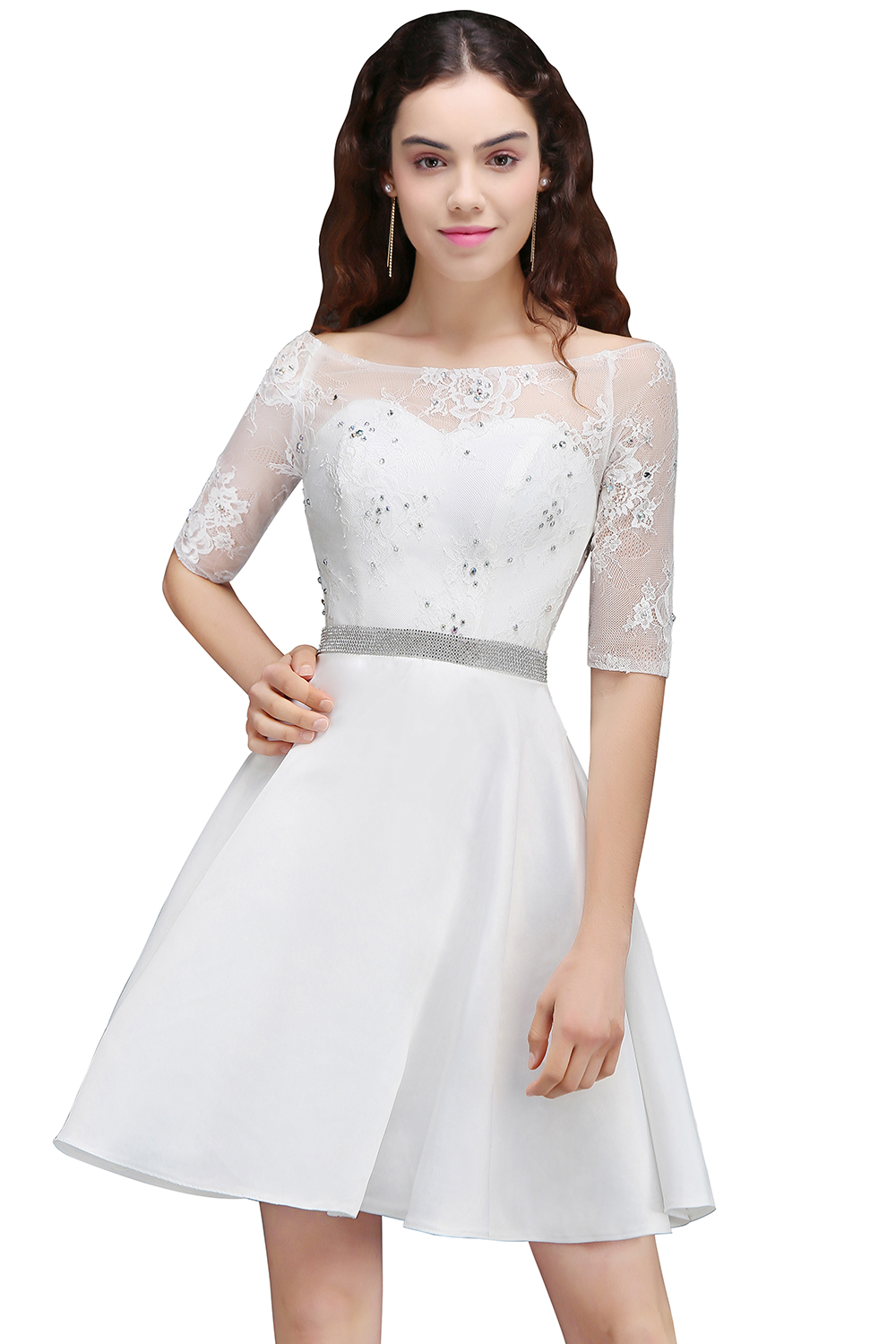 ALICIA | A Line Jewel White Short Sleeve Satin Homecoming Dresses With Lace-newarrivaldress