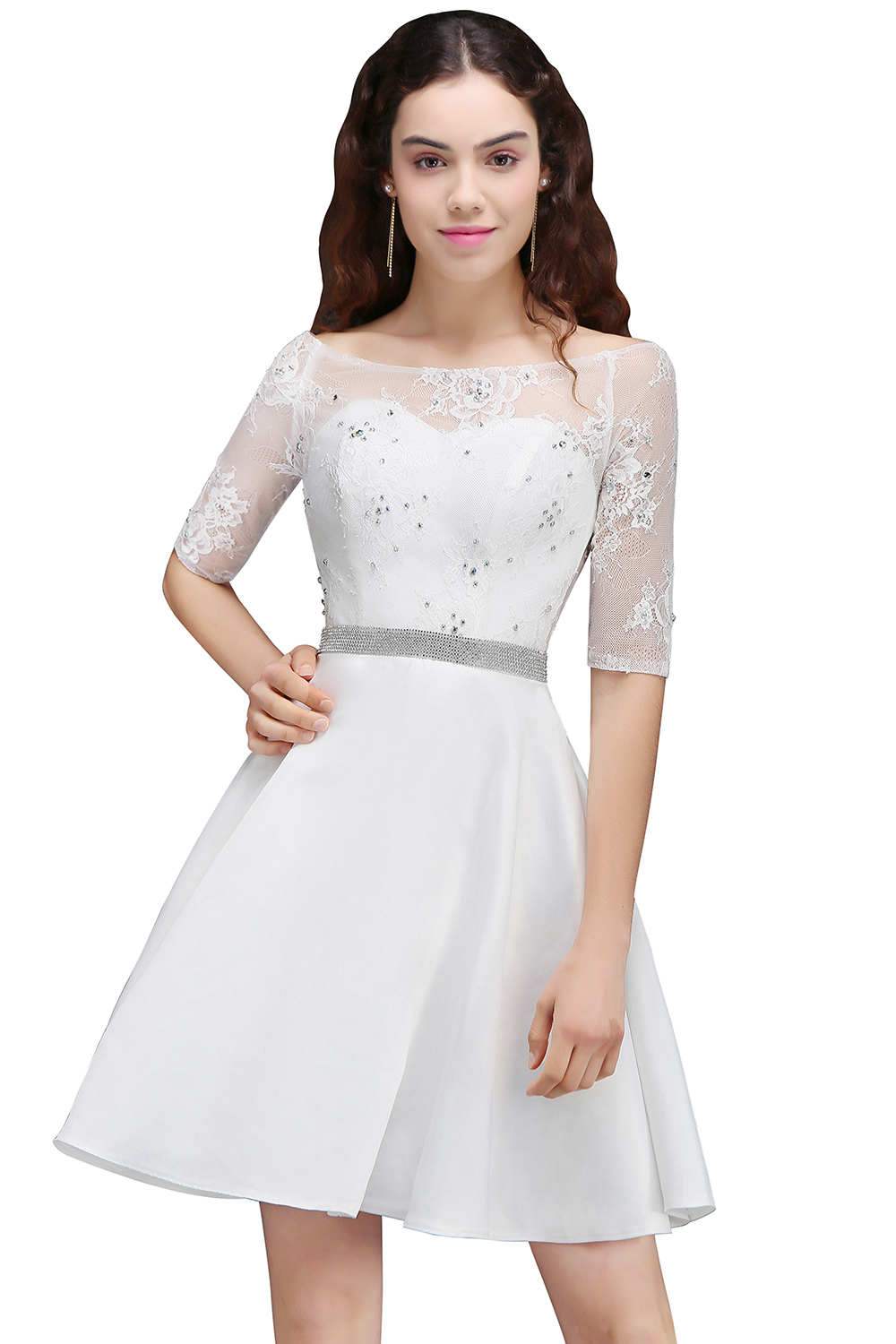 ALICIA | A Line Jewel White Short Sleeve Satin Homecoming Dresses With Lace-newarrivaldress