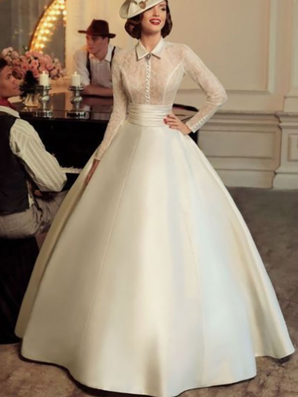 Vintage Wedding Dresses Halter Long Sleeves Natural Waist Satin Fabric Floor Length Lace Traditional Dresses For Bride-newarrivaldress