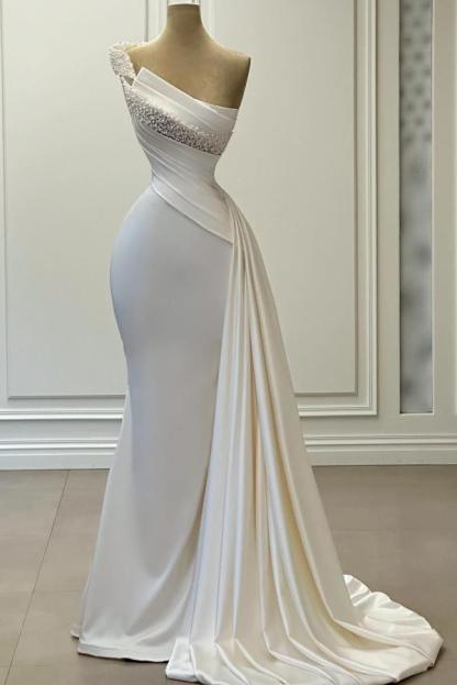 One Shoulder White Ruched Satin Long Evening Dress with Side Sweep Train