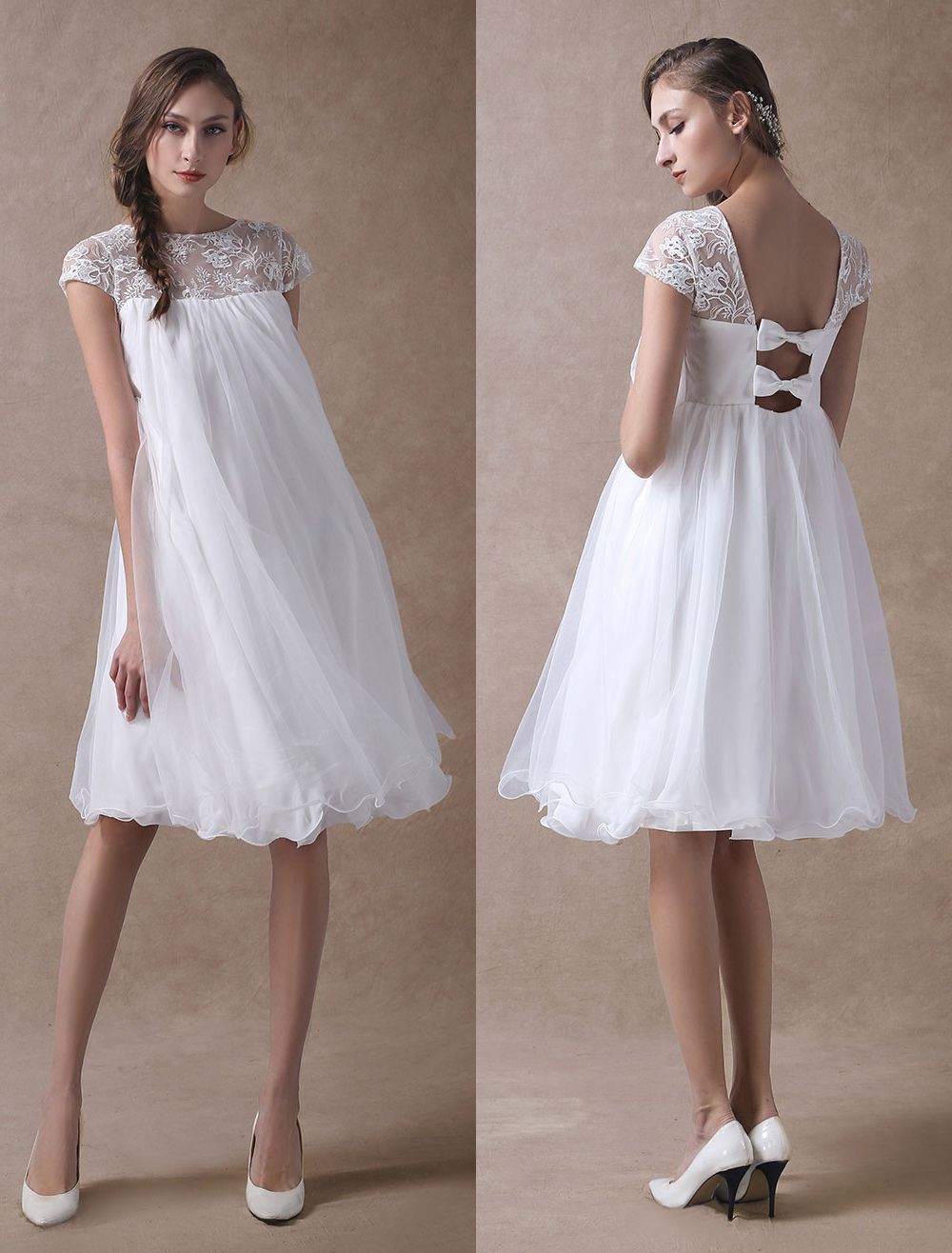 Simple Wedding Dresses Short Empire Waist Lace Tulle Cap Sleeve Pregnant Bridal Dress Exclusive-newarrivaldress