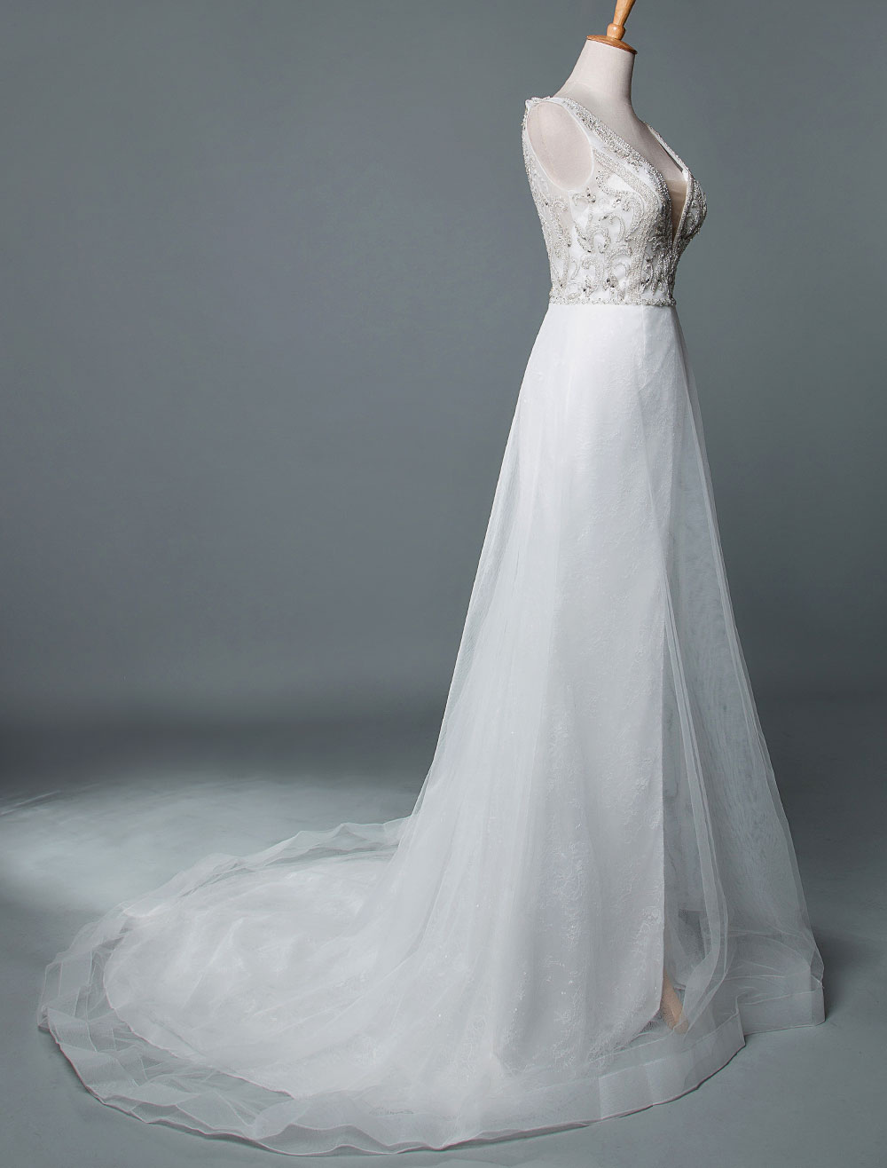 Beach Wedding Dress A Line Sleeveless V Neck High Split Floor Length Backless Sexy Bridal Gown-newarrivaldress