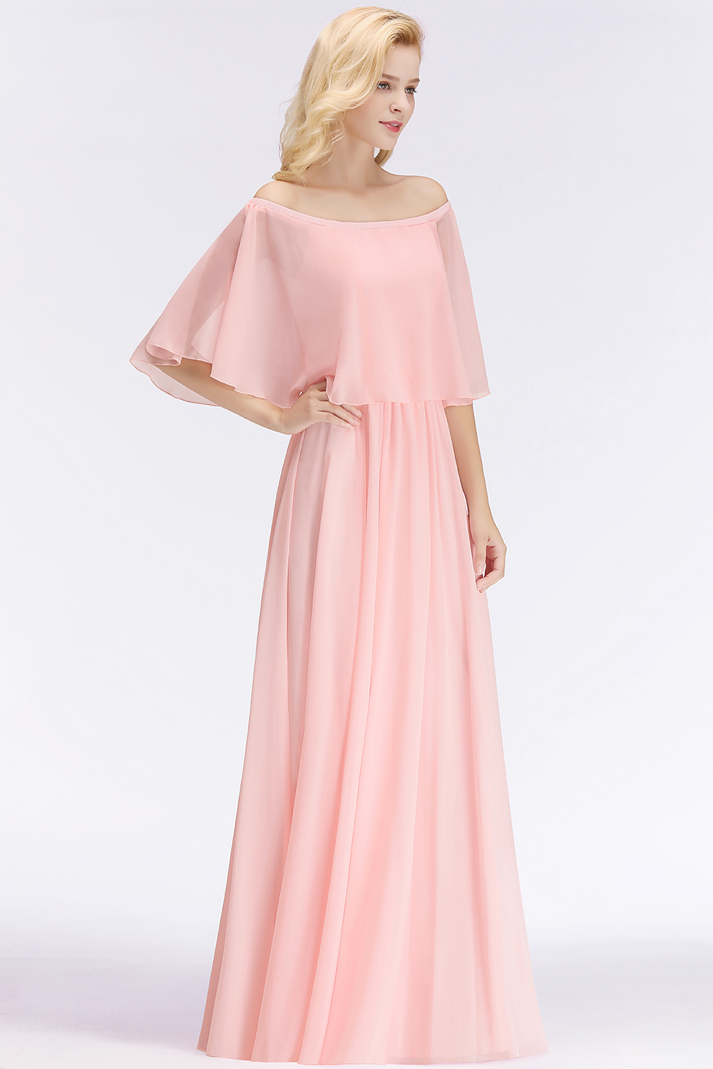 NOAH | A-line Long Off-the-shoulder Pink Bridesmaid Dresses with Sleeves-newarrivaldress