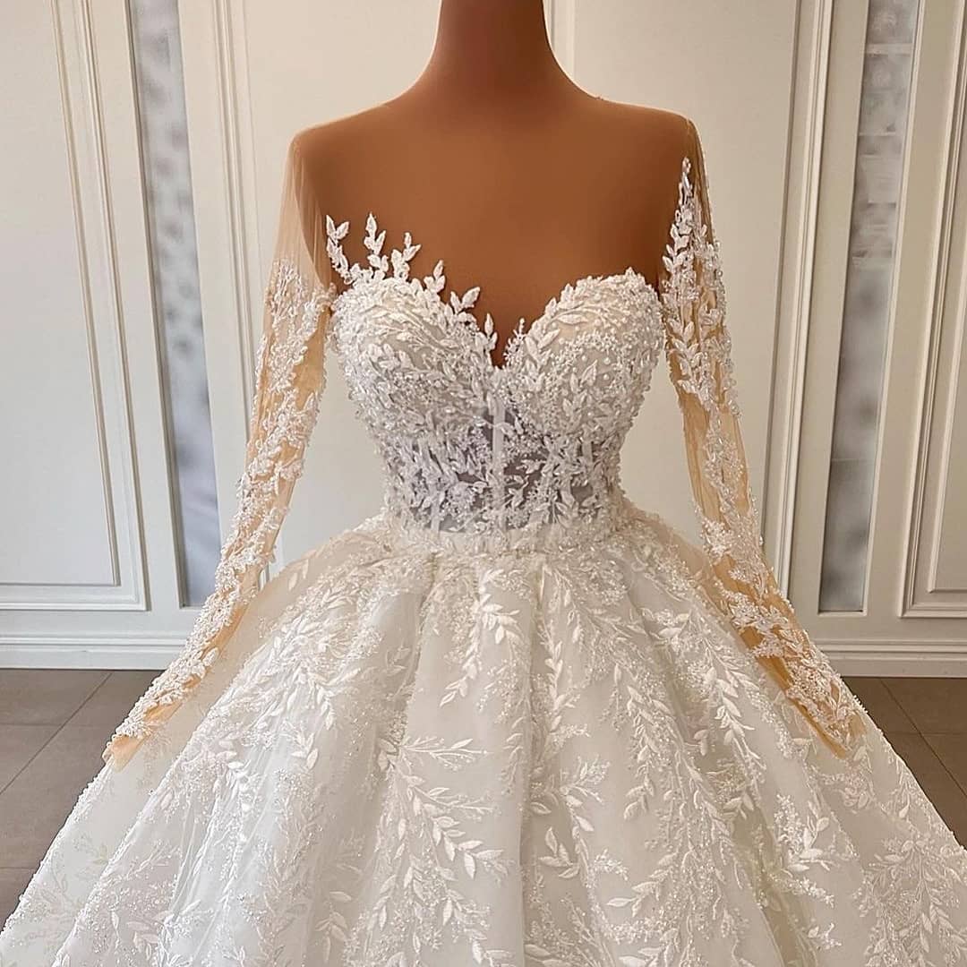 Gorgeous Sweetheart Floral Aline Bridal Gown Long Sleeves Wedding Dress-newarrivaldress