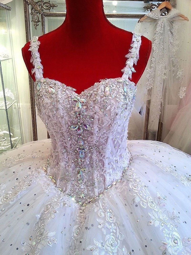 Spaghetti Straps Luxurious Crystals Bridal Gowns | Lace Puffy Tulle Ball Gown Wedding Dresses-newarrivaldress
