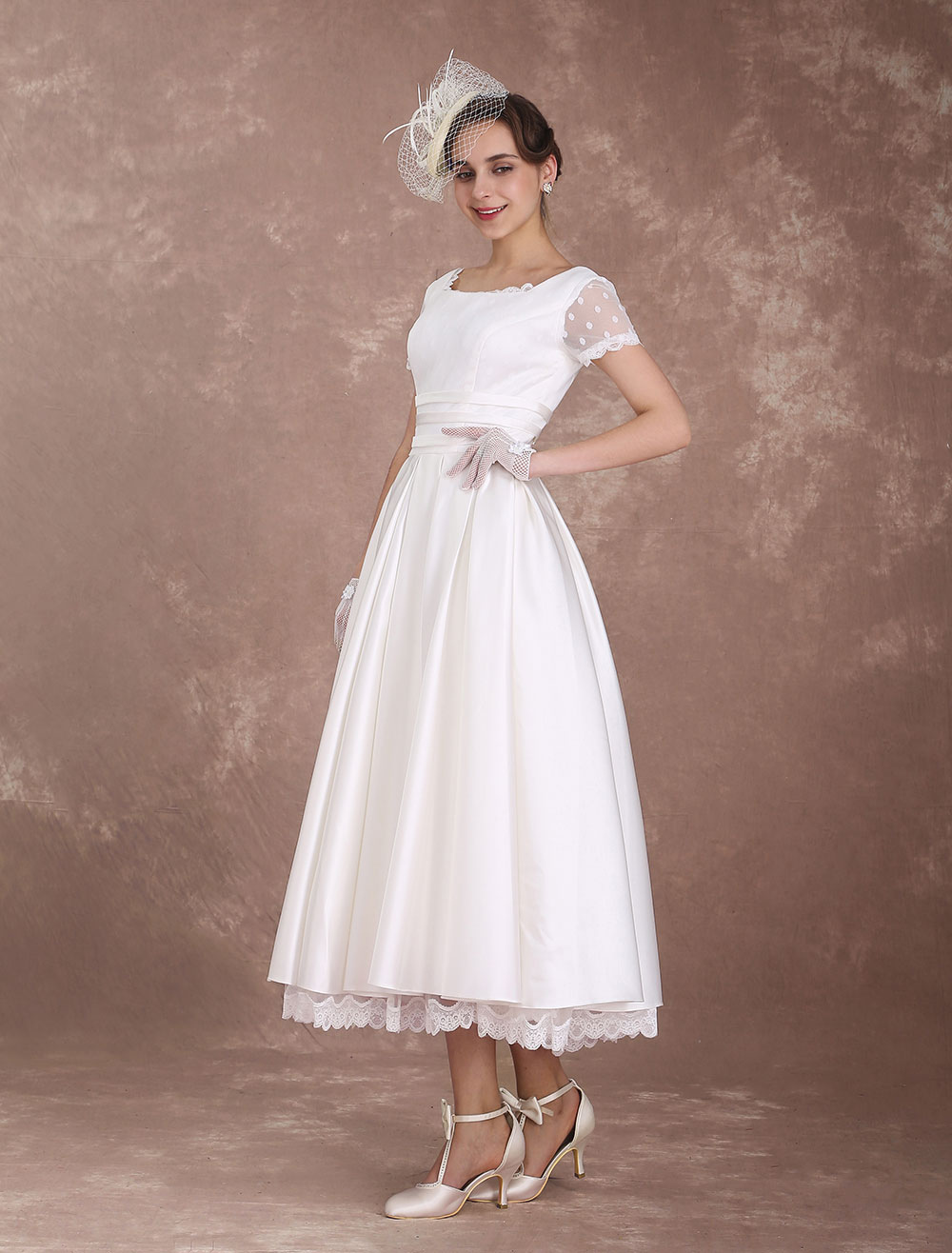 Vintage Wedding Dress Short Sleeve 1950'S Bridal Dress Backless Polka Dot Lace Trim Ivory Wedding Reception Dress Exclusive-newarrivaldress