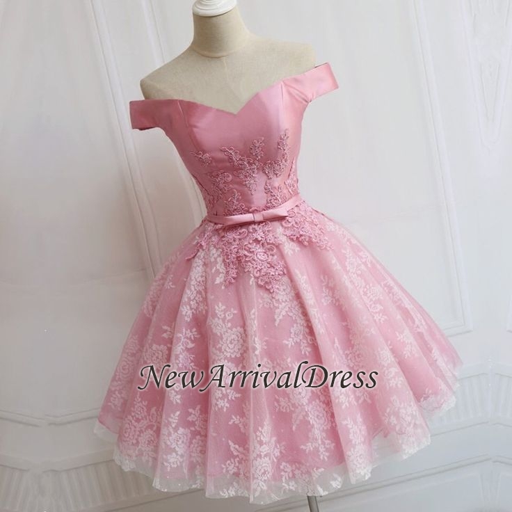 Off The Shoulder Custom Made A-line Appliques Bowknot Pink Elegant Sexy Short Homecoming Dresses-newarrivaldress