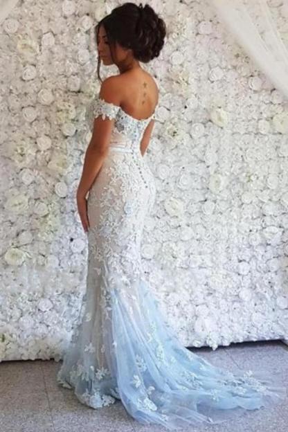 Elegant Off-the-Shoulder Lace Tulle Prom Dress Long Mermaid Evening Dress-newarrivaldress