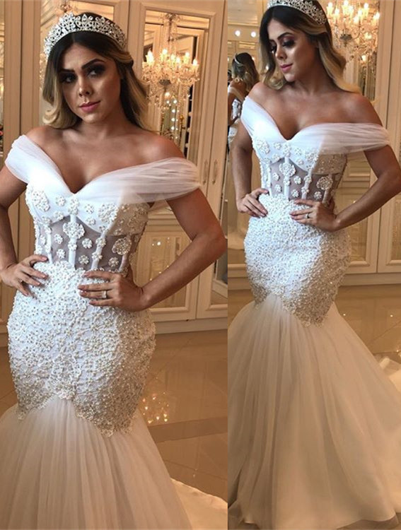 Modest Beads Sexy Off The Shoulder Wedding Dresses | Mermaid Online Bridal Gowns-newarrivaldress