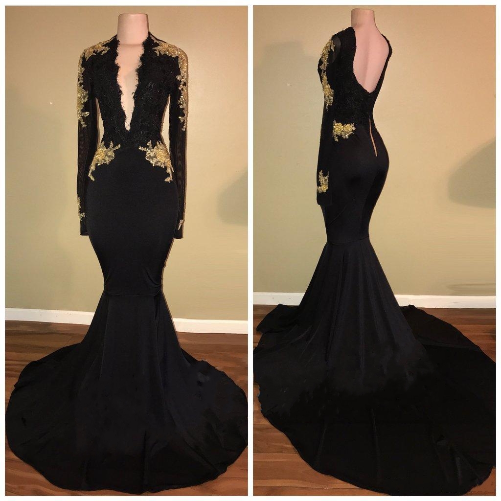 Sexy Black and Gold Prom Dresses | Deep V-Neck Long Sleeves Evening Gowns-newarrivaldress