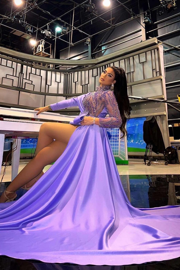 Sexy Lilac Satin Short Party Wear Dress Glitter Long Sleeves Prom Dress with Train-newarrivaldress