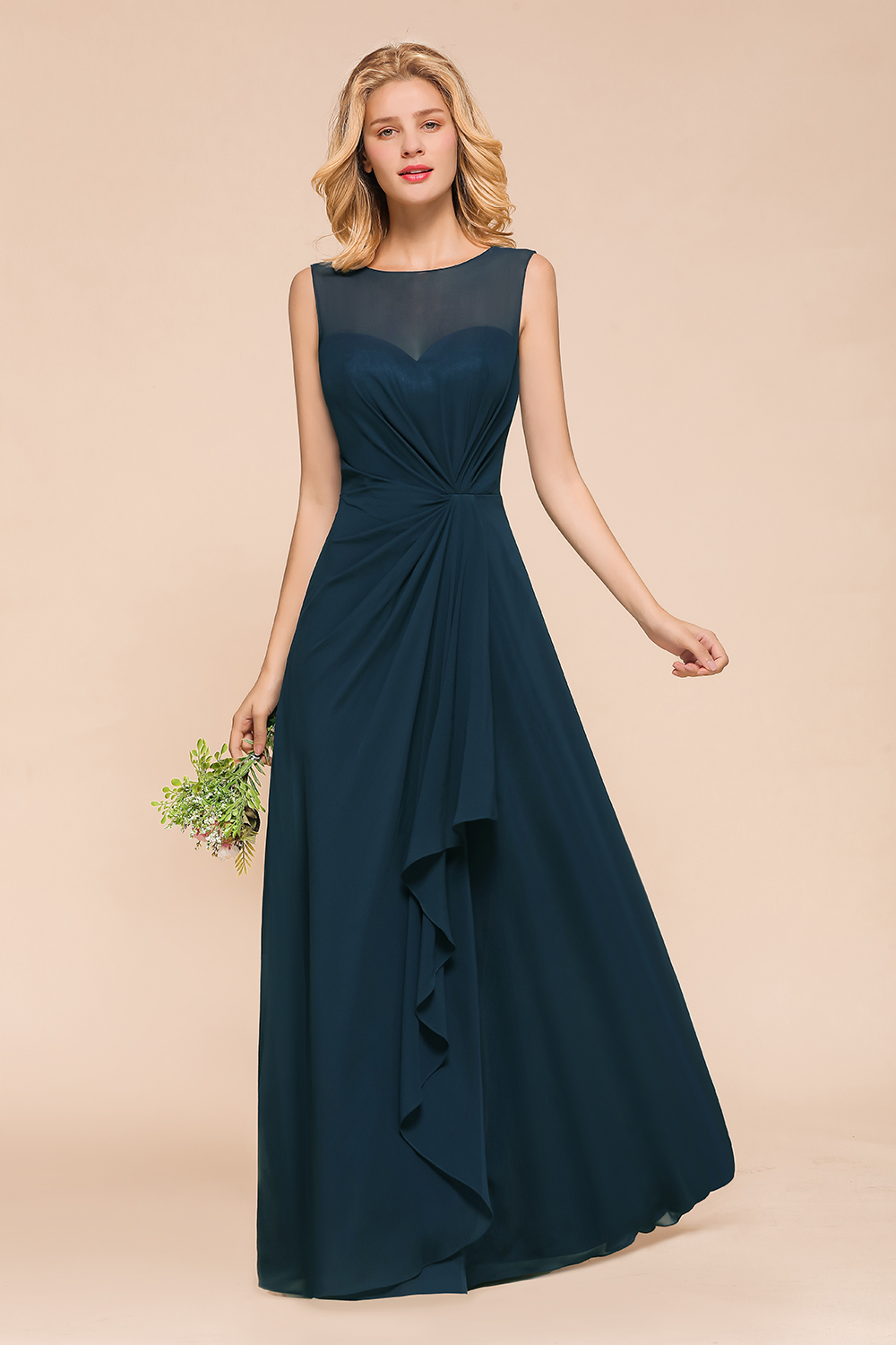 Ruffle Long Bridesmaid Dress Sleeveless Chiffon Wedding Guest Dress-newarrivaldress