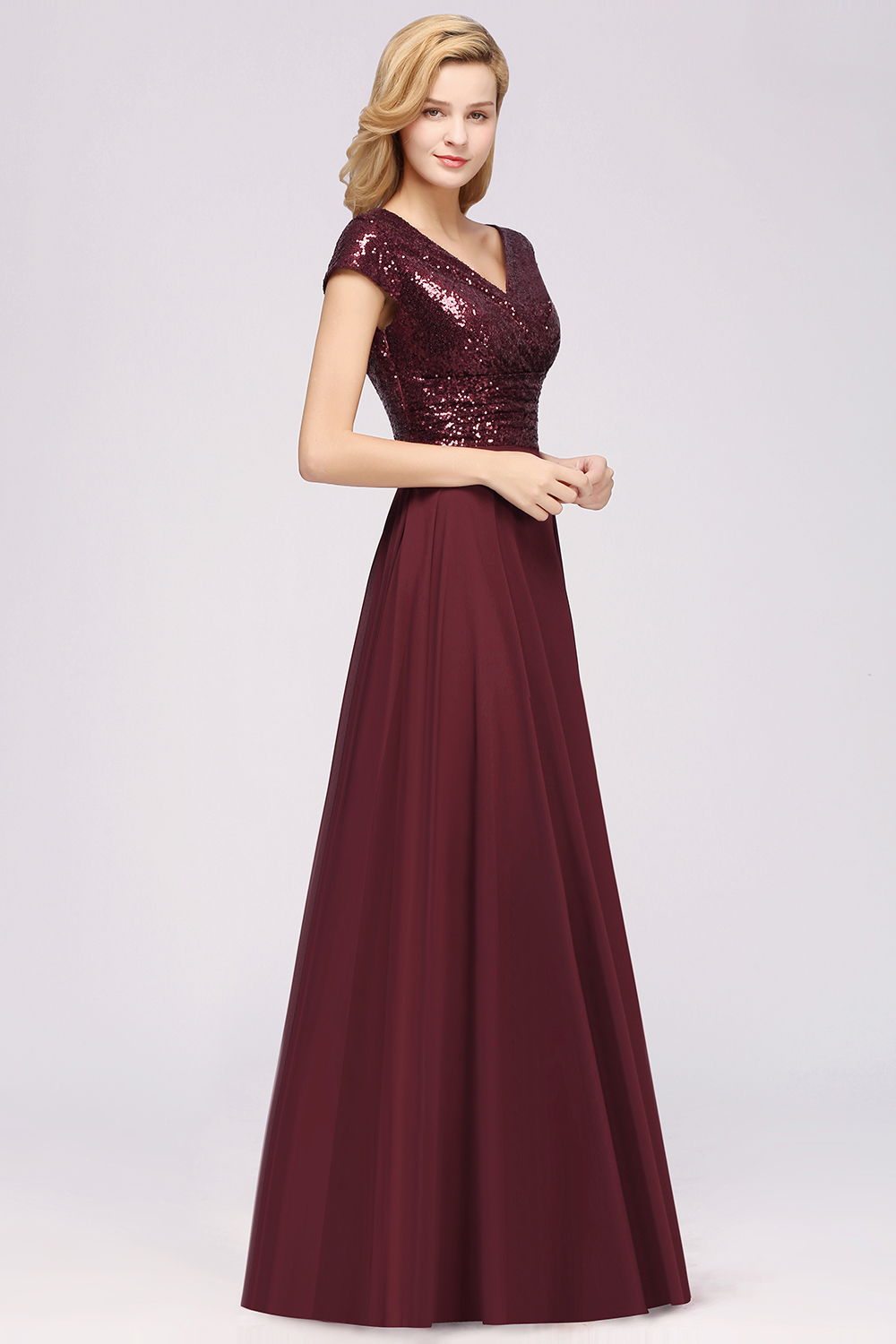 Elegant A-Line Burgundy Chiffon Sequined V-Neck Sleeveless Ruffles Floor-Length Bridesmaid Dresses-newarrivaldress